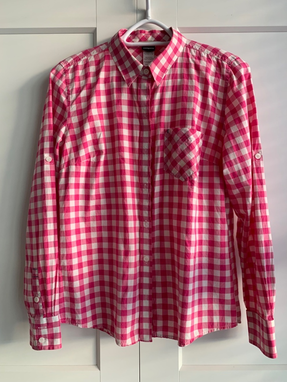 Patagonia 100% organic Cotton Women's Long Sleeve Pink plaid Shirt size 6